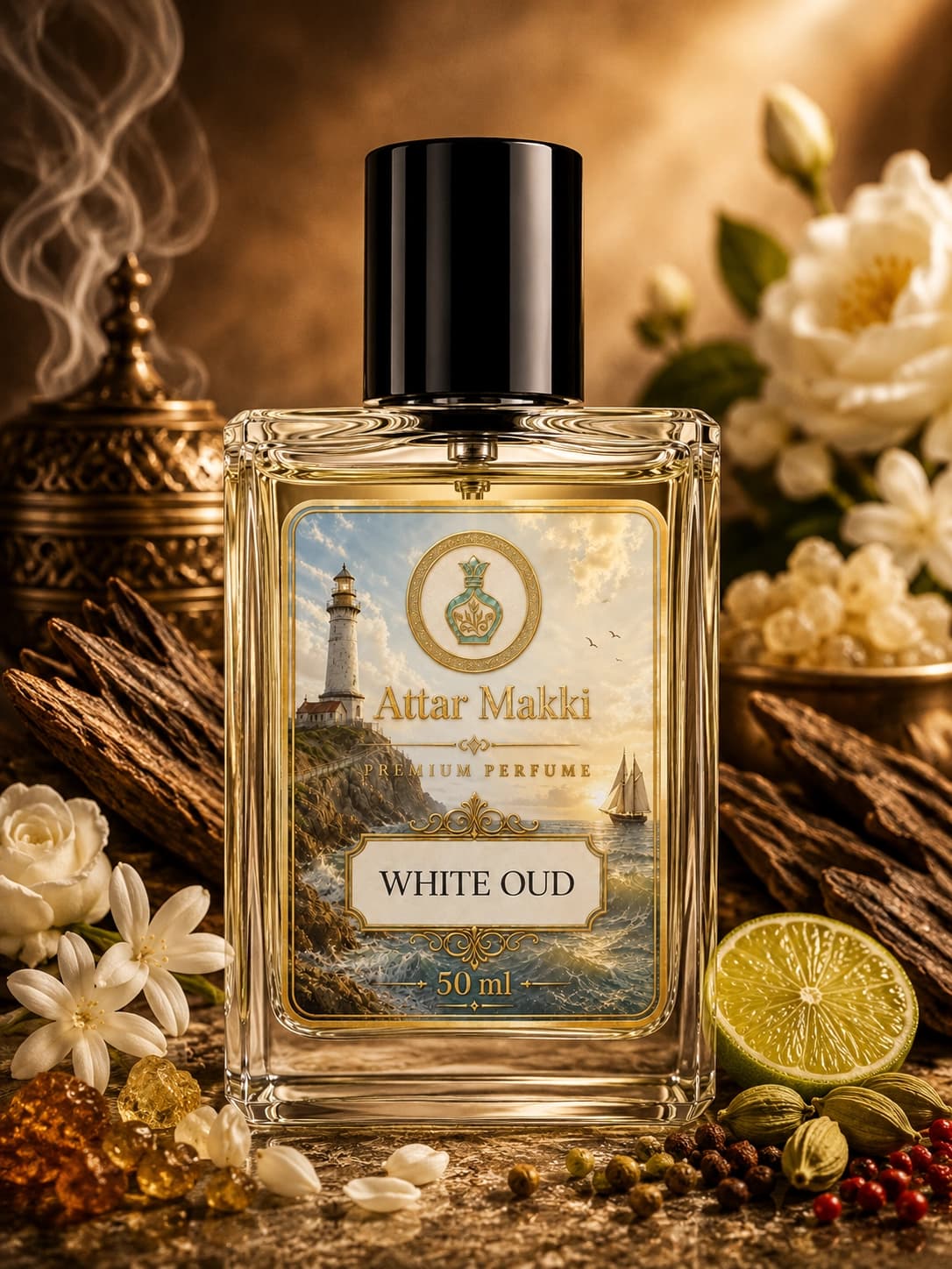 White Oud perfume bottle — Oud · Musk — Attar Makki Karachi
